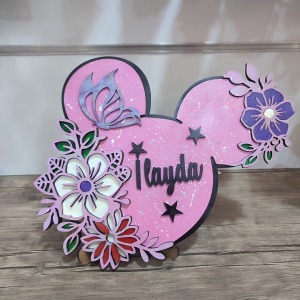 Kişiye Özel Çiçekli Mickey Mouse Temalı Ahşap İsimlik